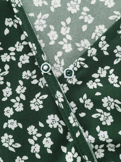 Micro Floral Print Ruched Button Detail Midi Dress