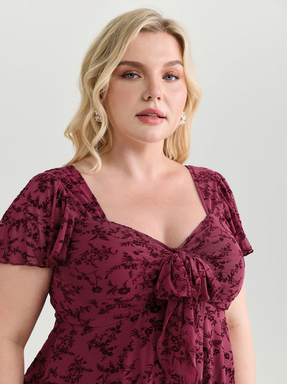 Floral Flocked Mesh Knotted Front Top