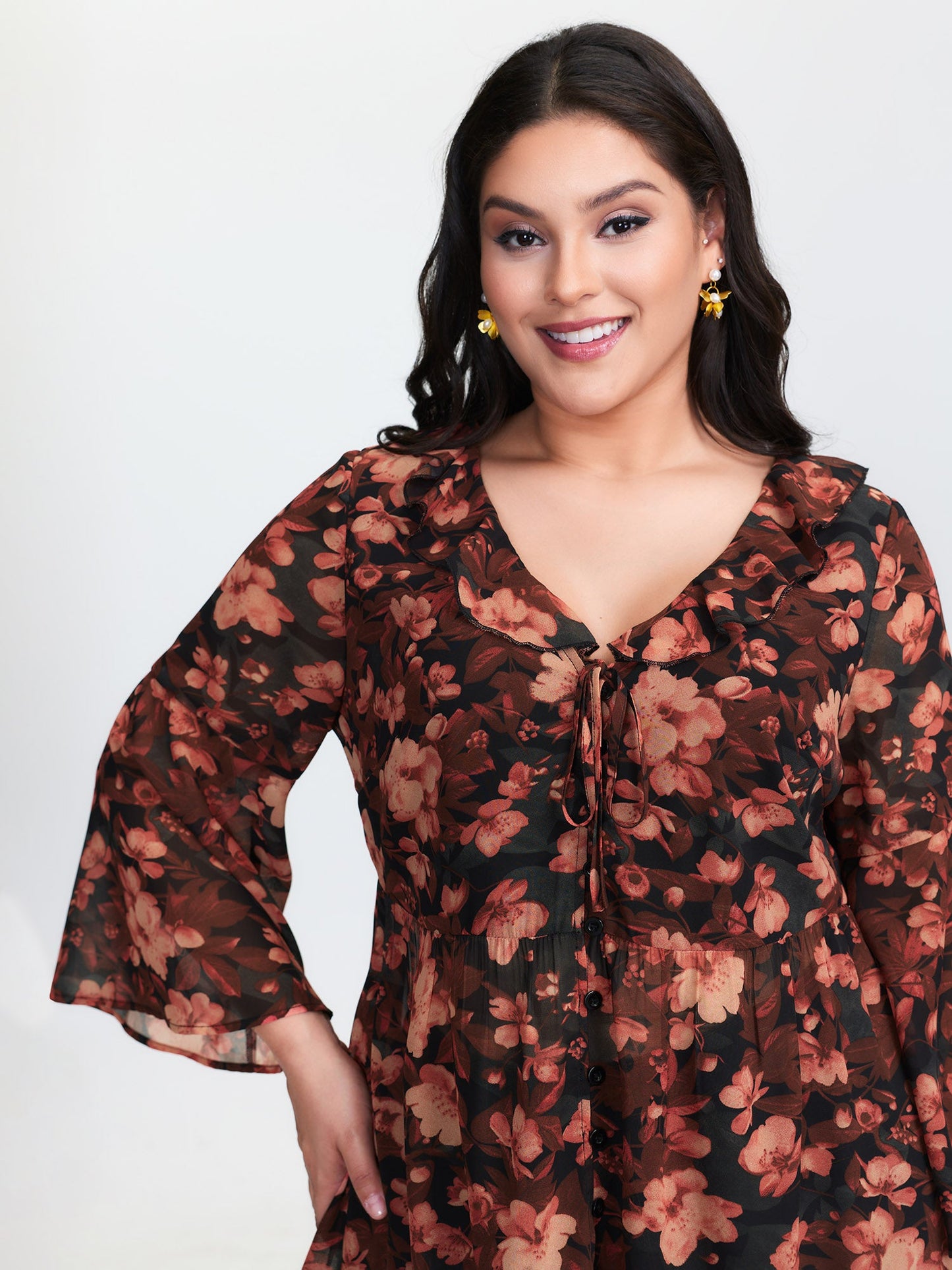 Floral Print Ruffled Neckline Blouse