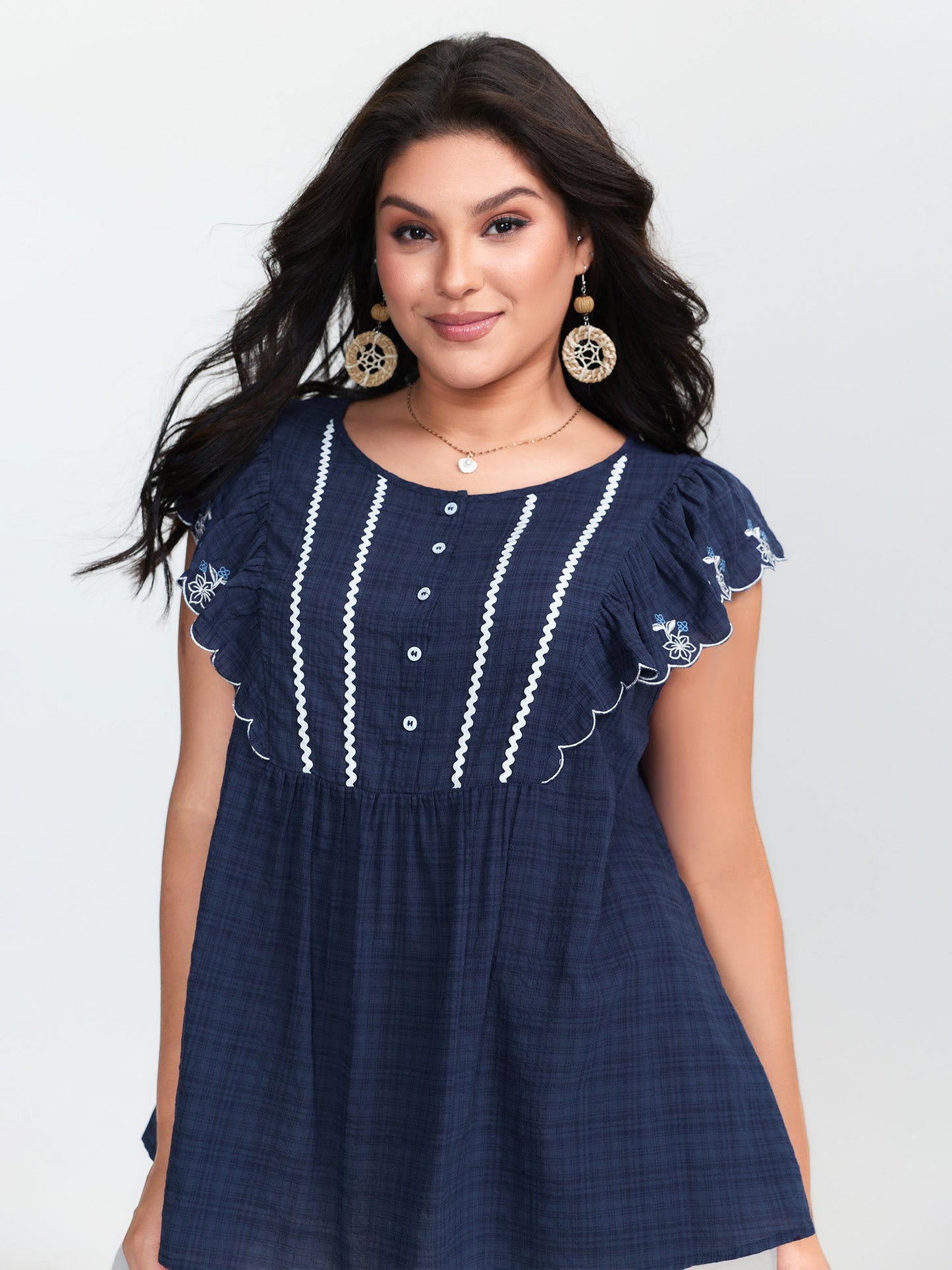 Embroidered Neckline Ruffled Sleeve Blouse