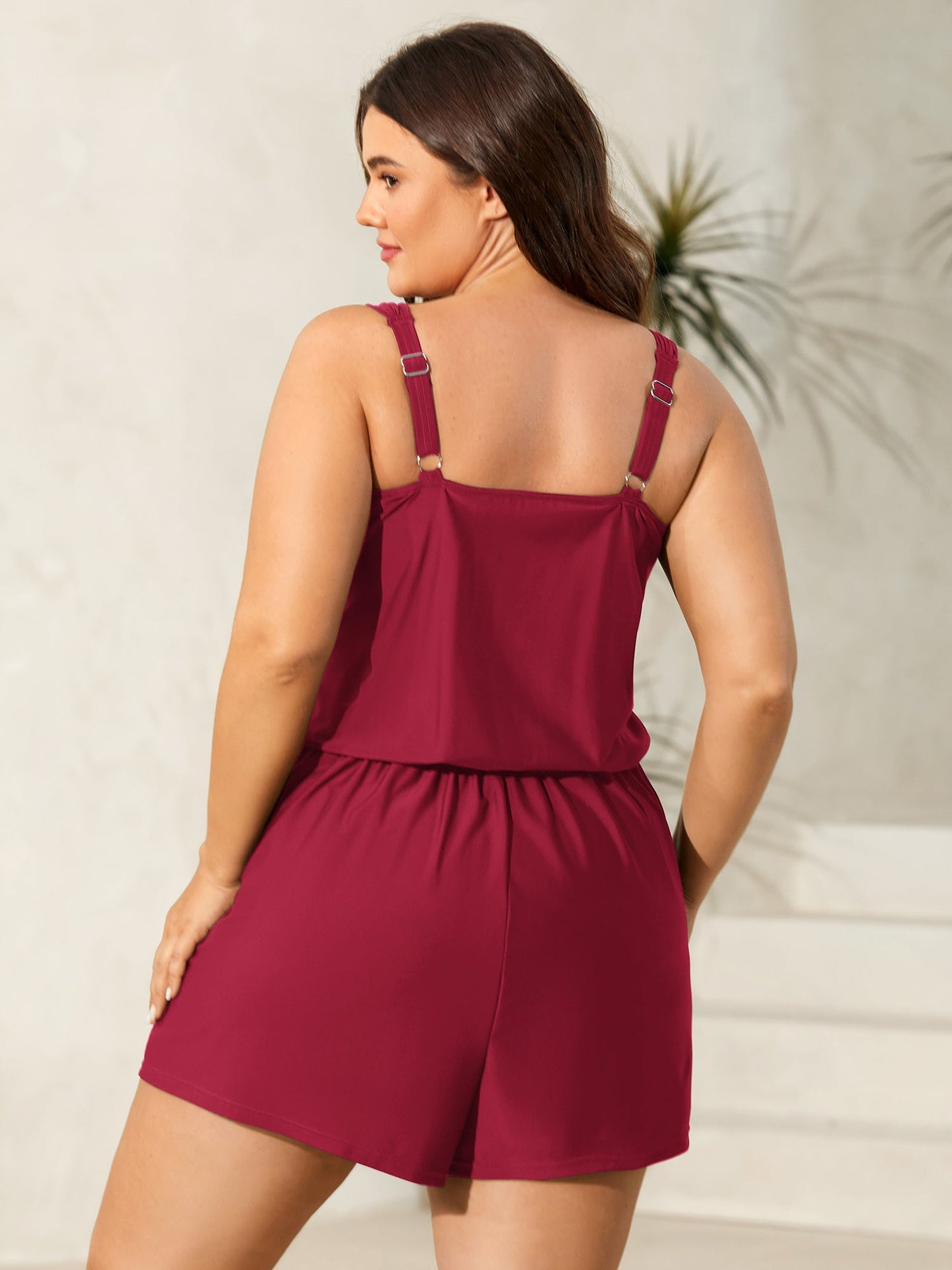 plus size  Plain Pockets Adjustable One-Piece Swimsuit