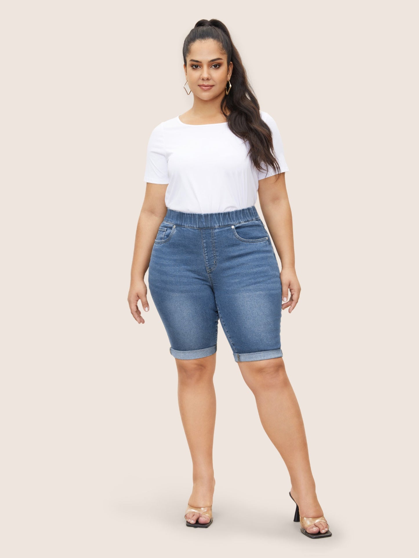 Pull-On Folded Hem Knee-Length Denim Shorts