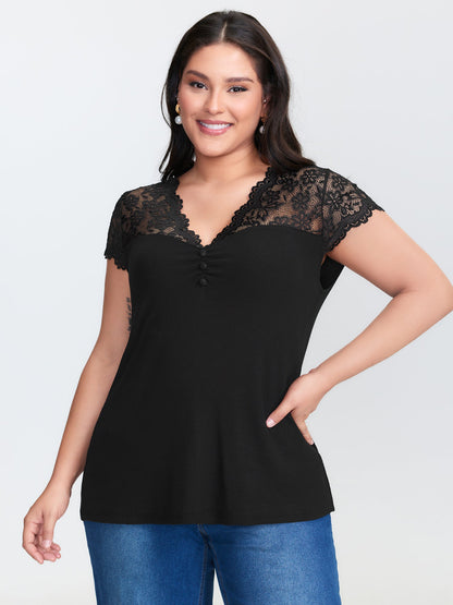 Sheer Lace Neckline Shirred Knit Top
