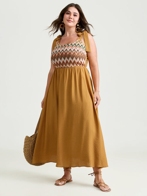 Colorful Wavy Print Shoulder Tie Maxi Dress