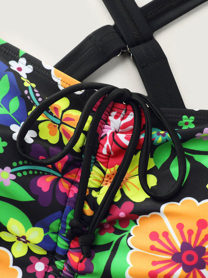 Tropical Floral Print Tie-Up Swim Dress