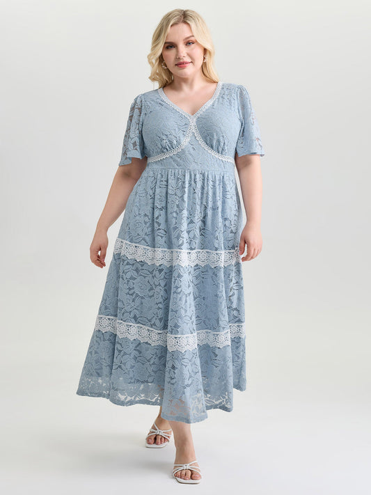 Floral Lace Textured Shirred Midi Dress