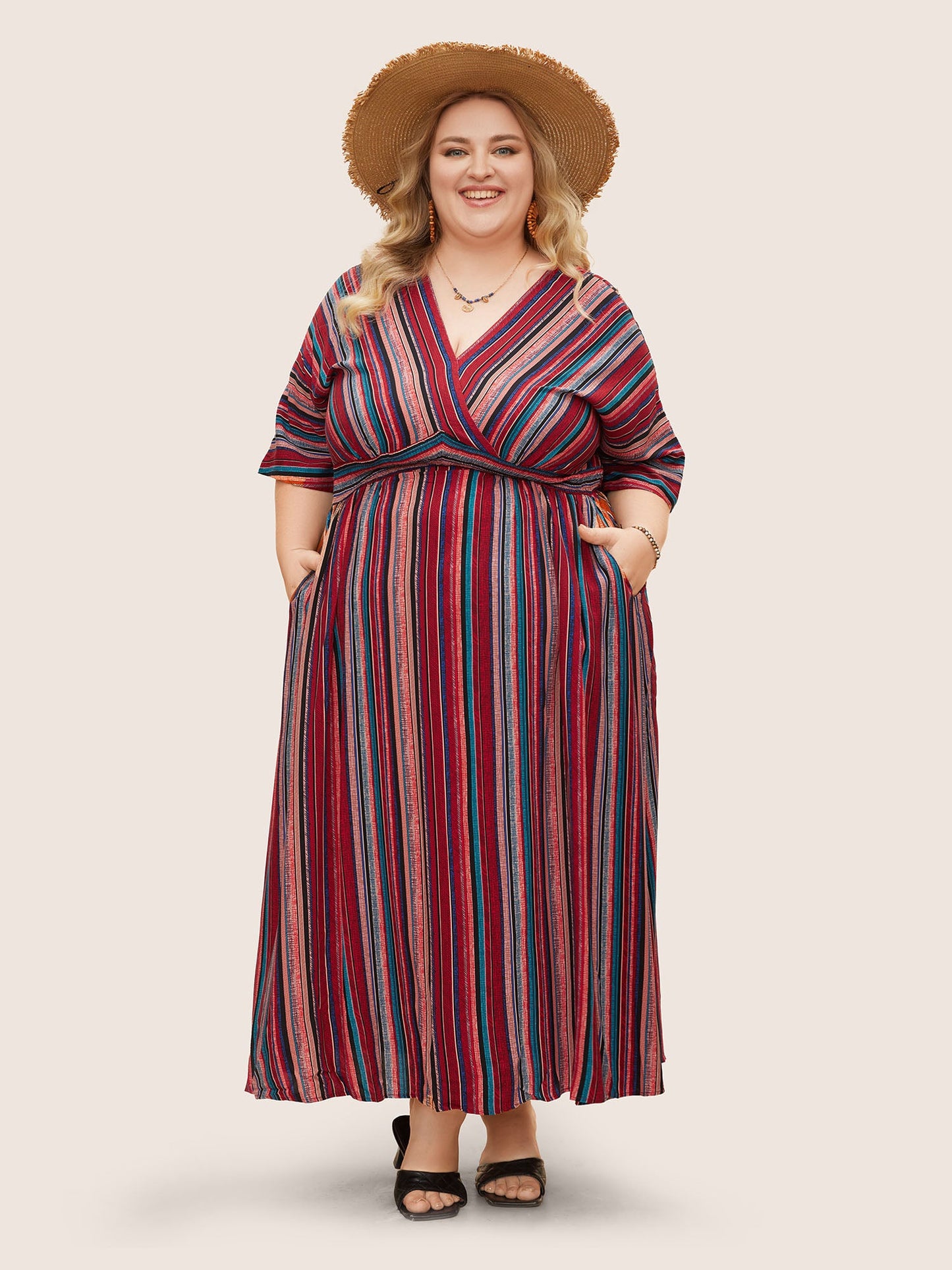 Striped Contrast Dolman Sleeve Shirred Pocket Split Flutter Dress