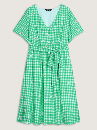 Floral Check Print Waist-Tie Midi Dress