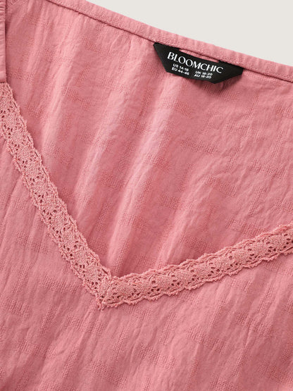 Lace Trim Ruffled Hem Plain Blouse