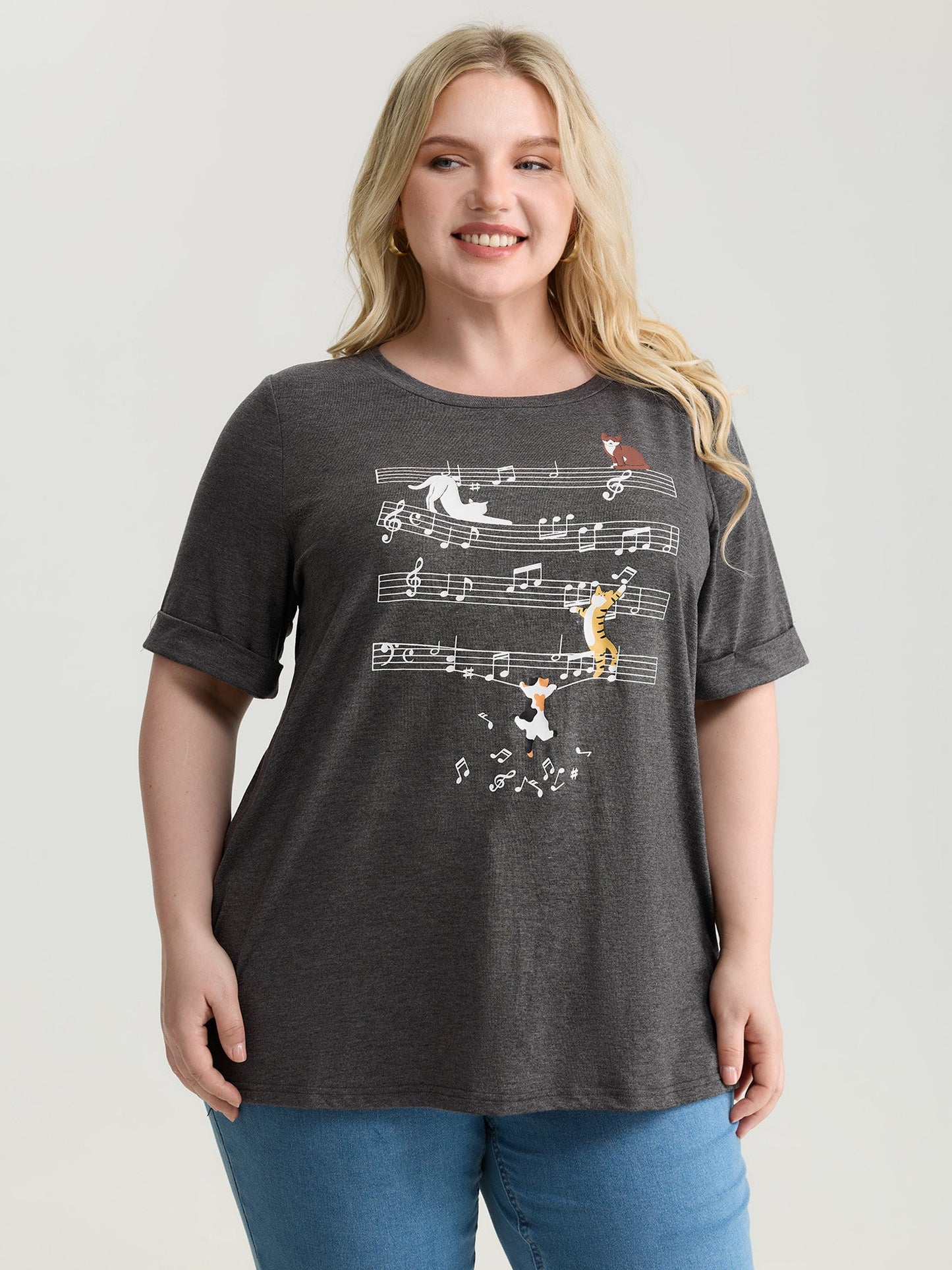 Cat Tunes Print Stretchy T-Shirt