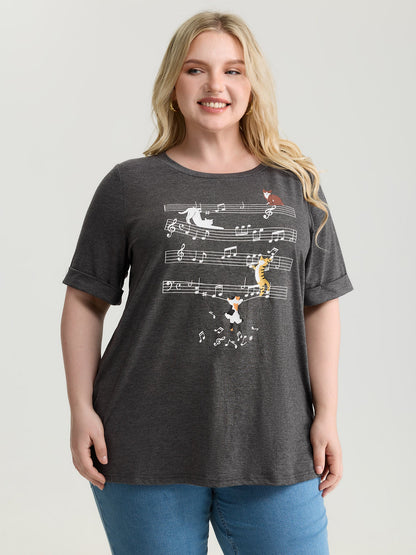 Cat Tunes Print Stretchy T-Shirt