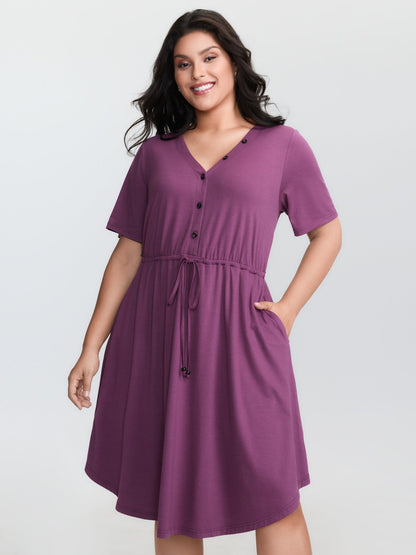 Supersoft Drawstring Waist Button Placket Mini Dress