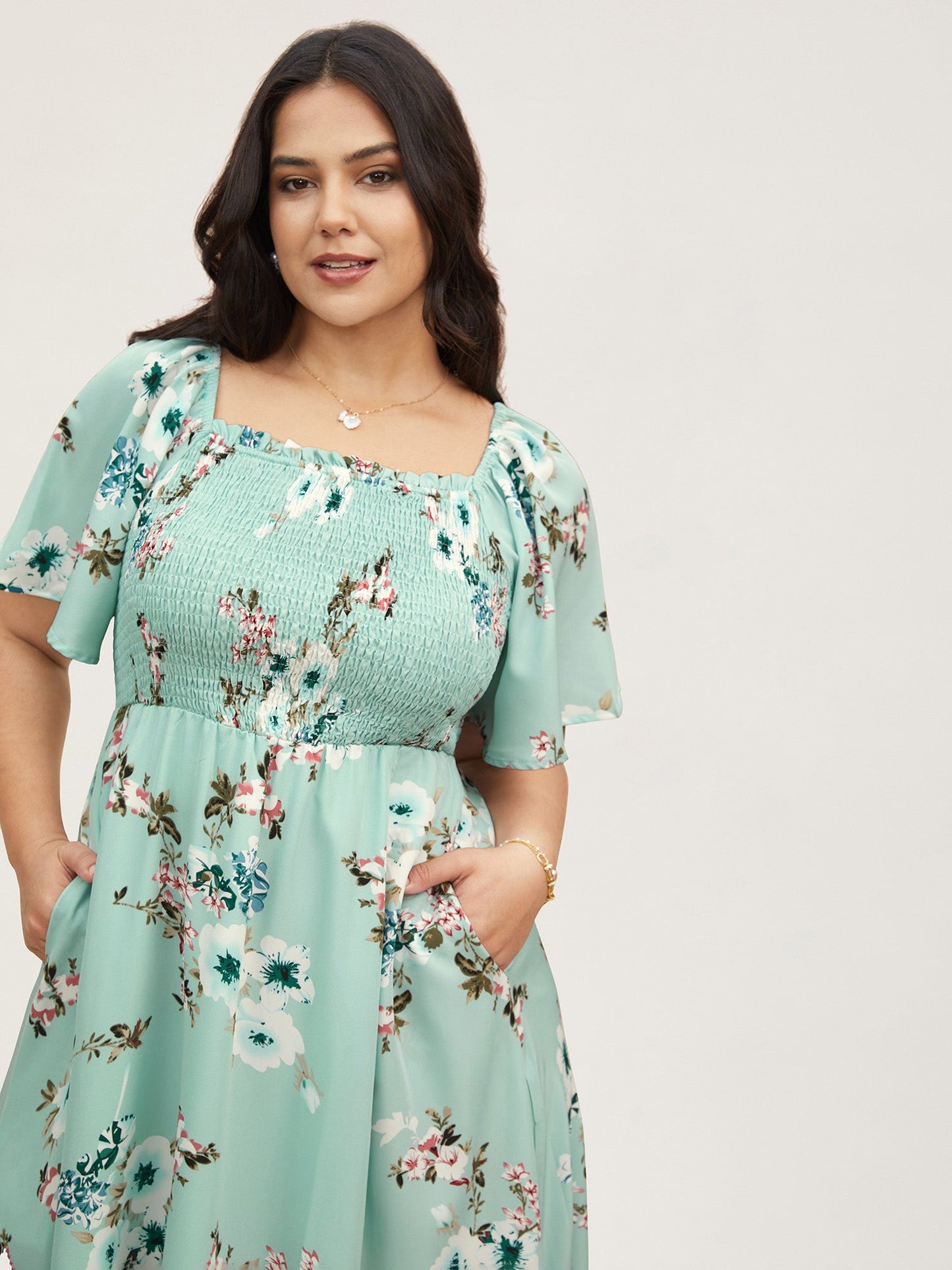 plus size Floral Square Neck Ruffles Pocket Shirred Split Dress