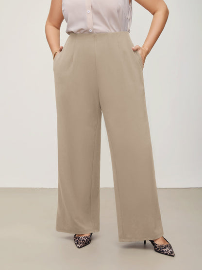 Solid Elastic Waist Pleated Wide Leg Pants