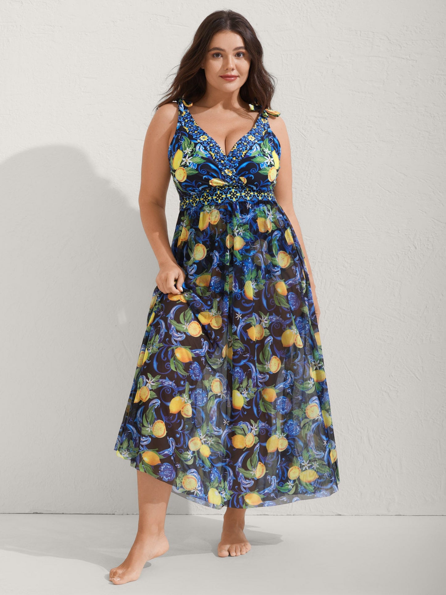 Two-Piece Citrus Print Sarong Swimsuit