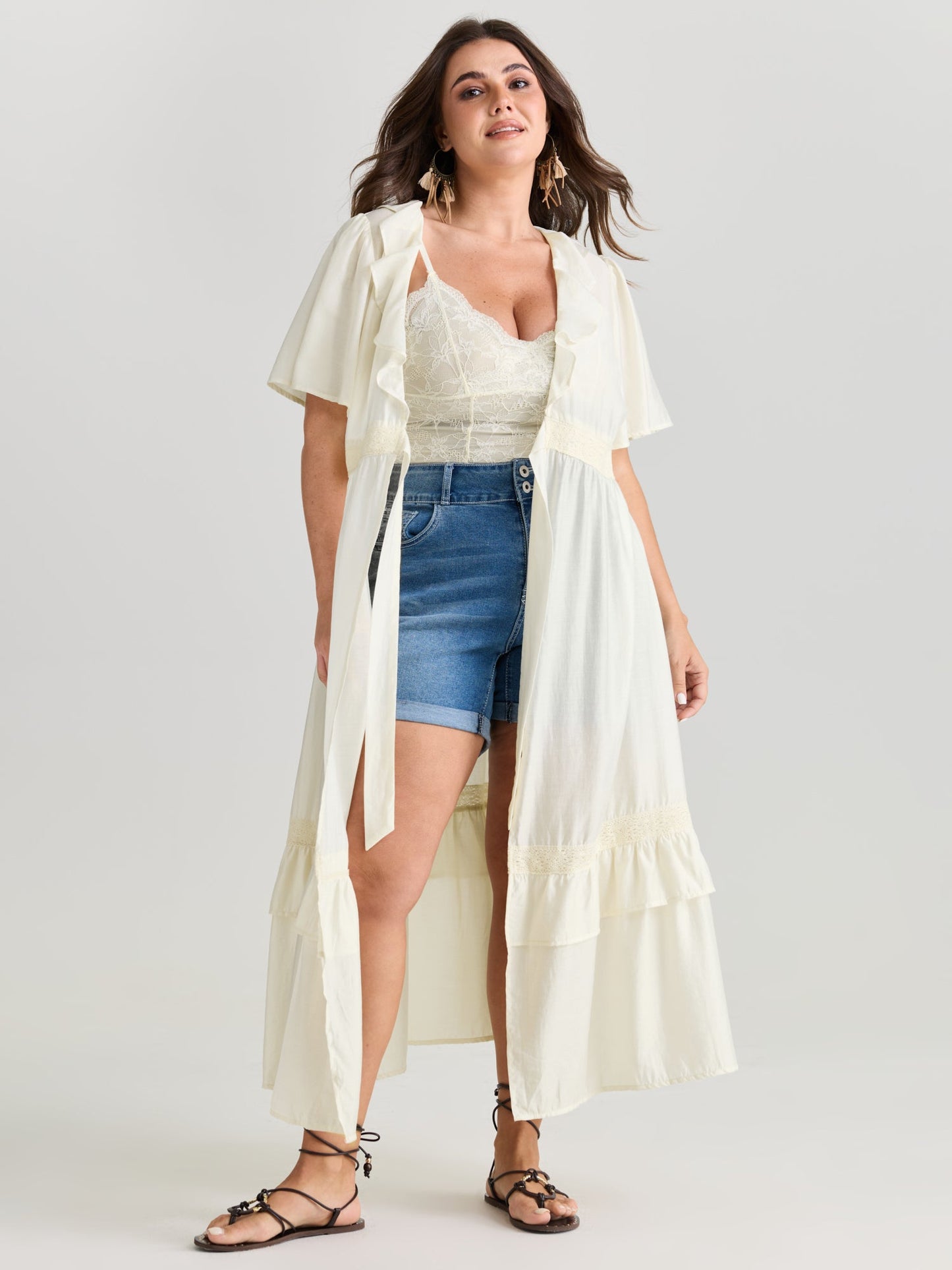 Sheer Lace Lotus Leaf Detail Kimono