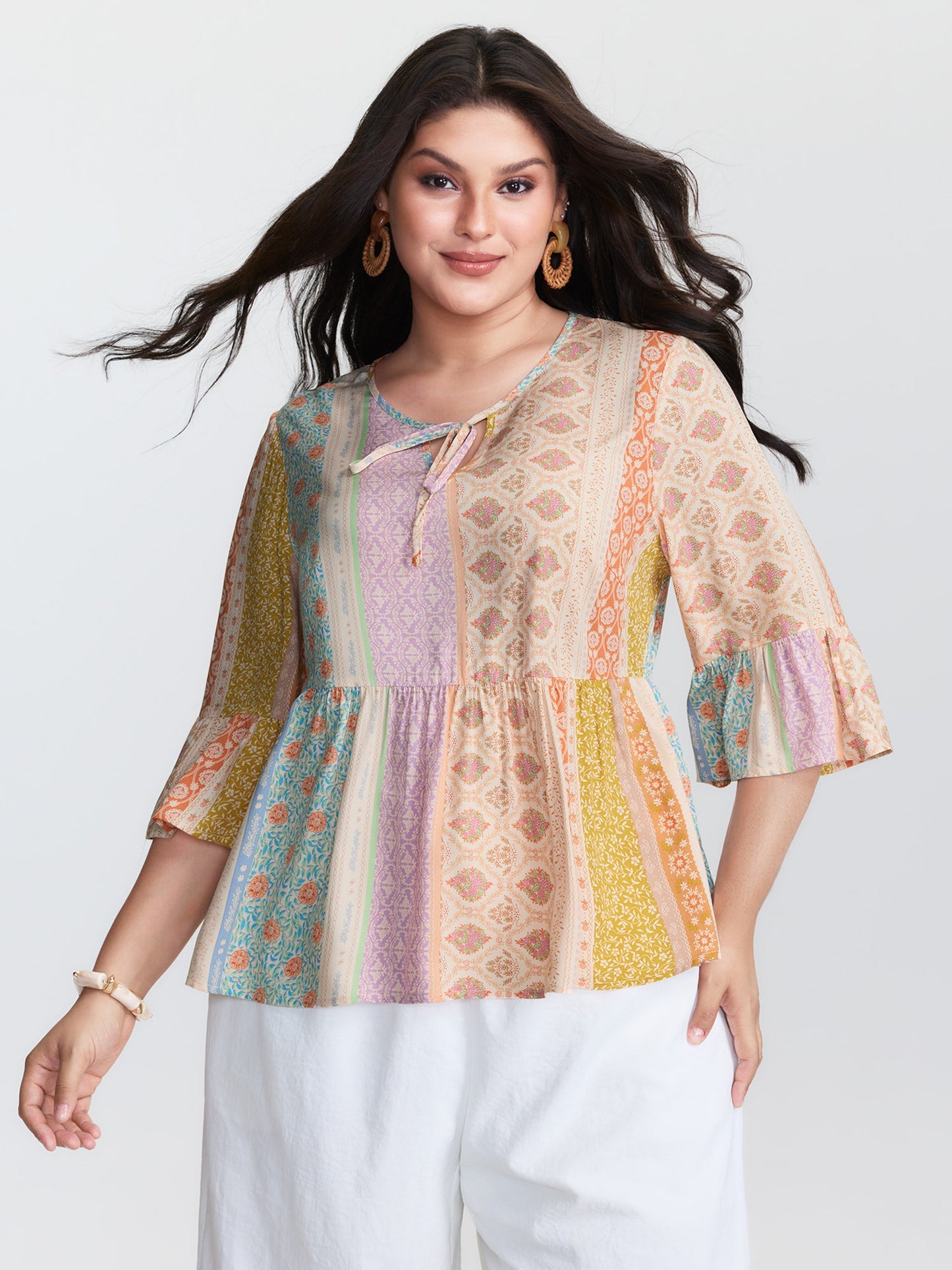 Colorful Printed Stripe Flared Blouse