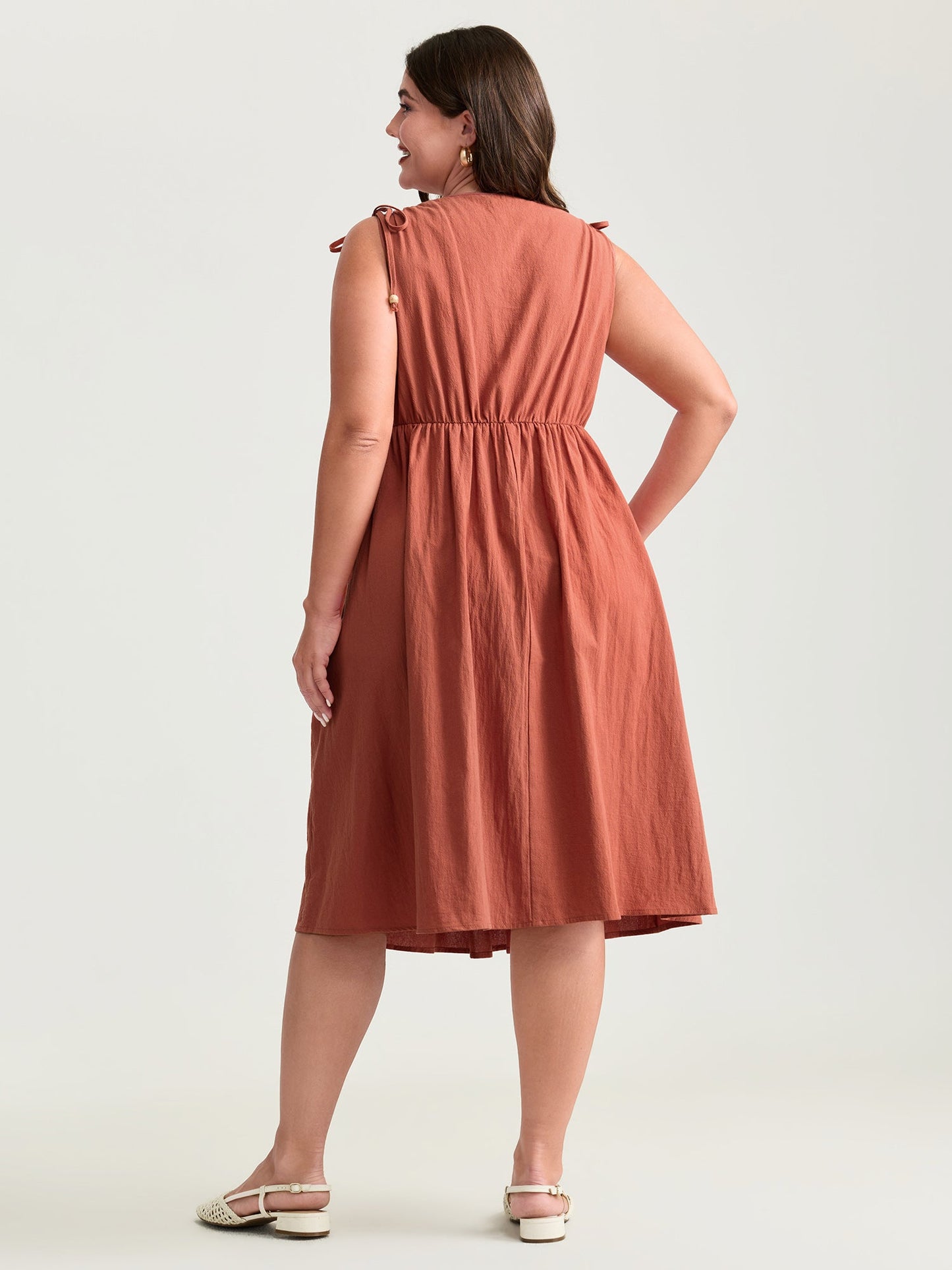 Pure Cotton Embroidered Adjustable Shoulder Midi Dress