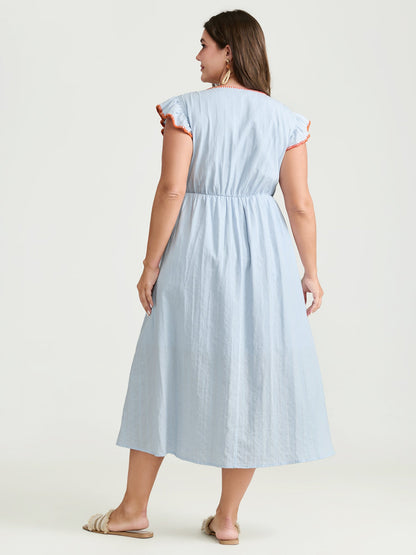 Pure Cotton Embroidered Flutter Sleeve Midi Dress