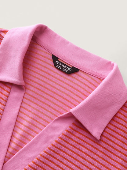 Striped Color Contrast Collar Terry Cloth Two-Piece Set