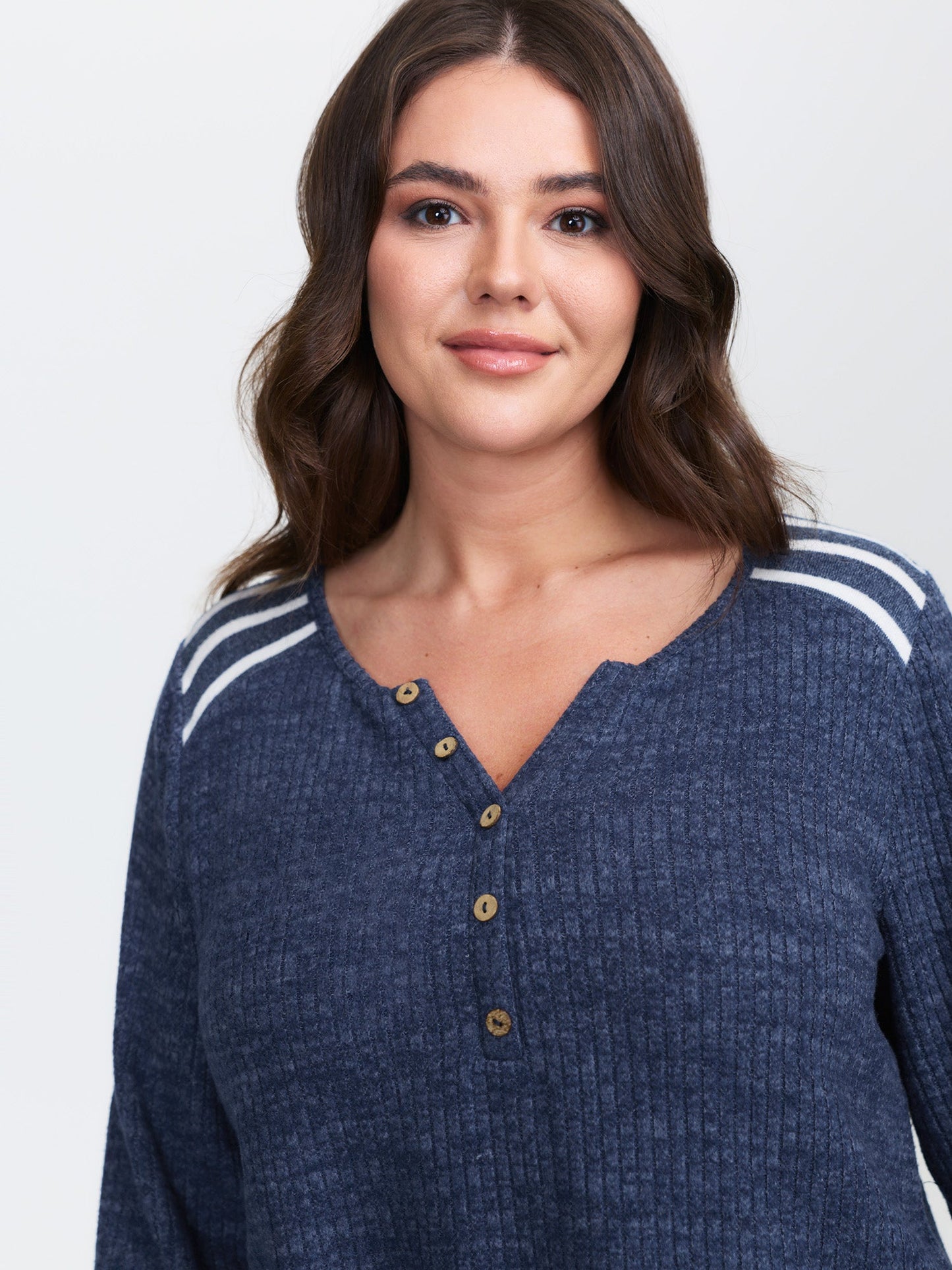 Ribbed Stripe Button Placket T-Shirt