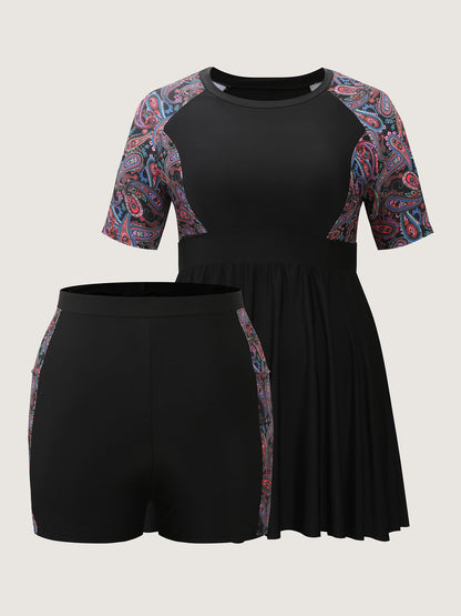 Floral Color Contrast Pockets Swim Dress