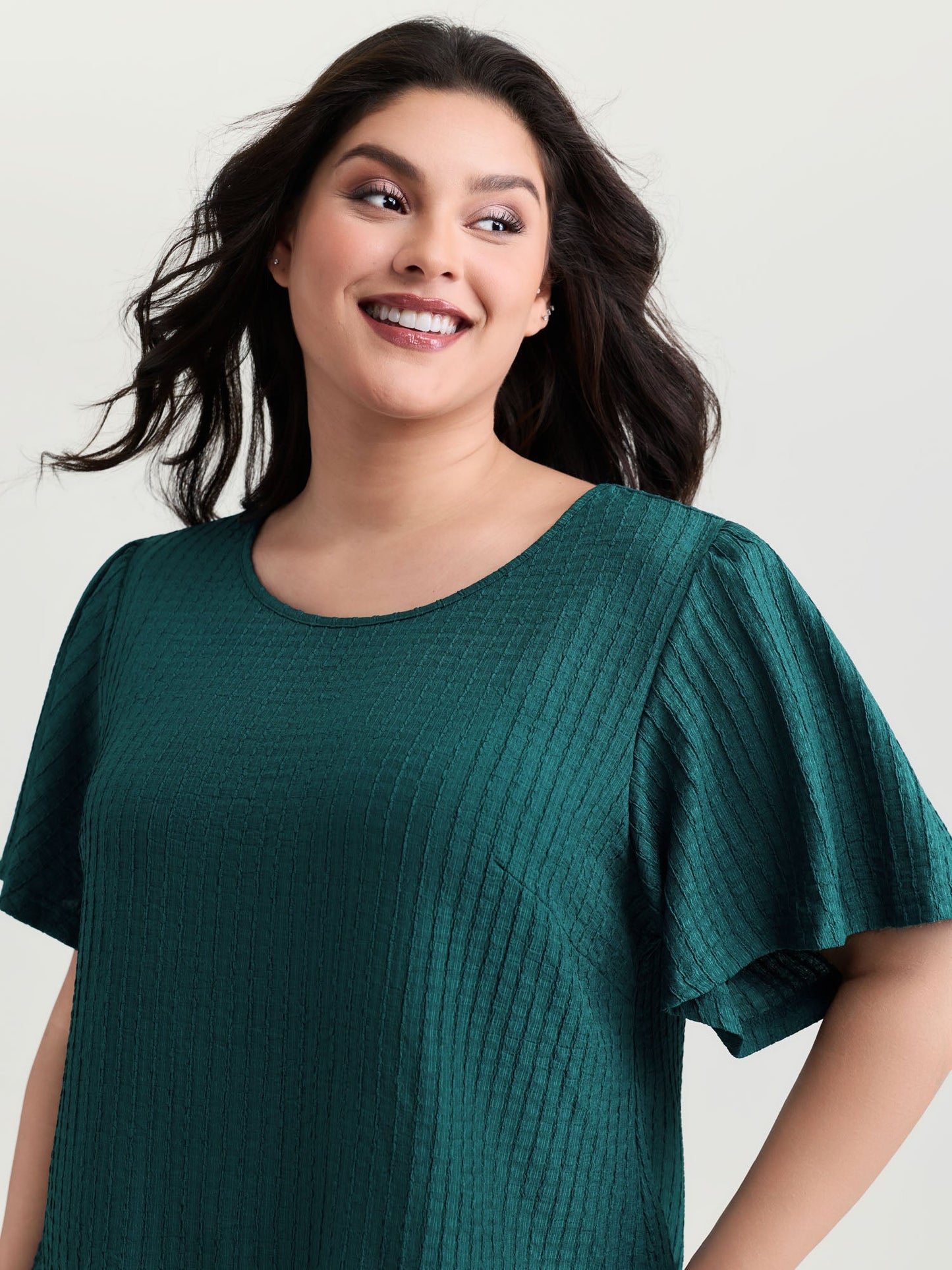 Textured Flared Sleeve Round Neck Knit Top