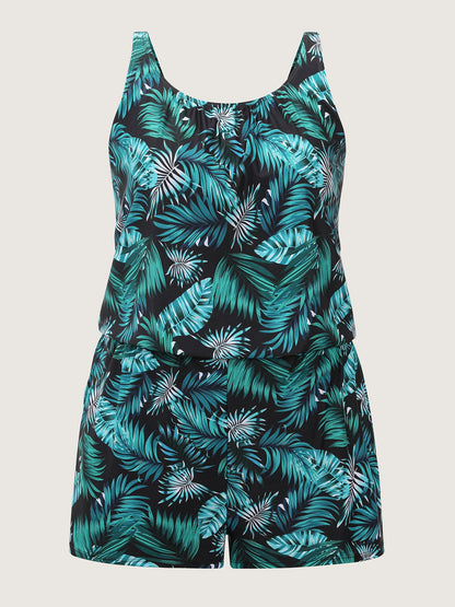plus size Tropical Flower Print Pockets One-Piece Swimsuit