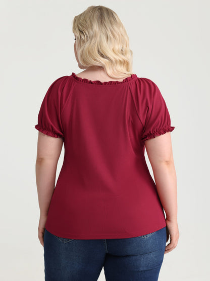 Stretchy Ribbed Drawstring Neckline Knit Top