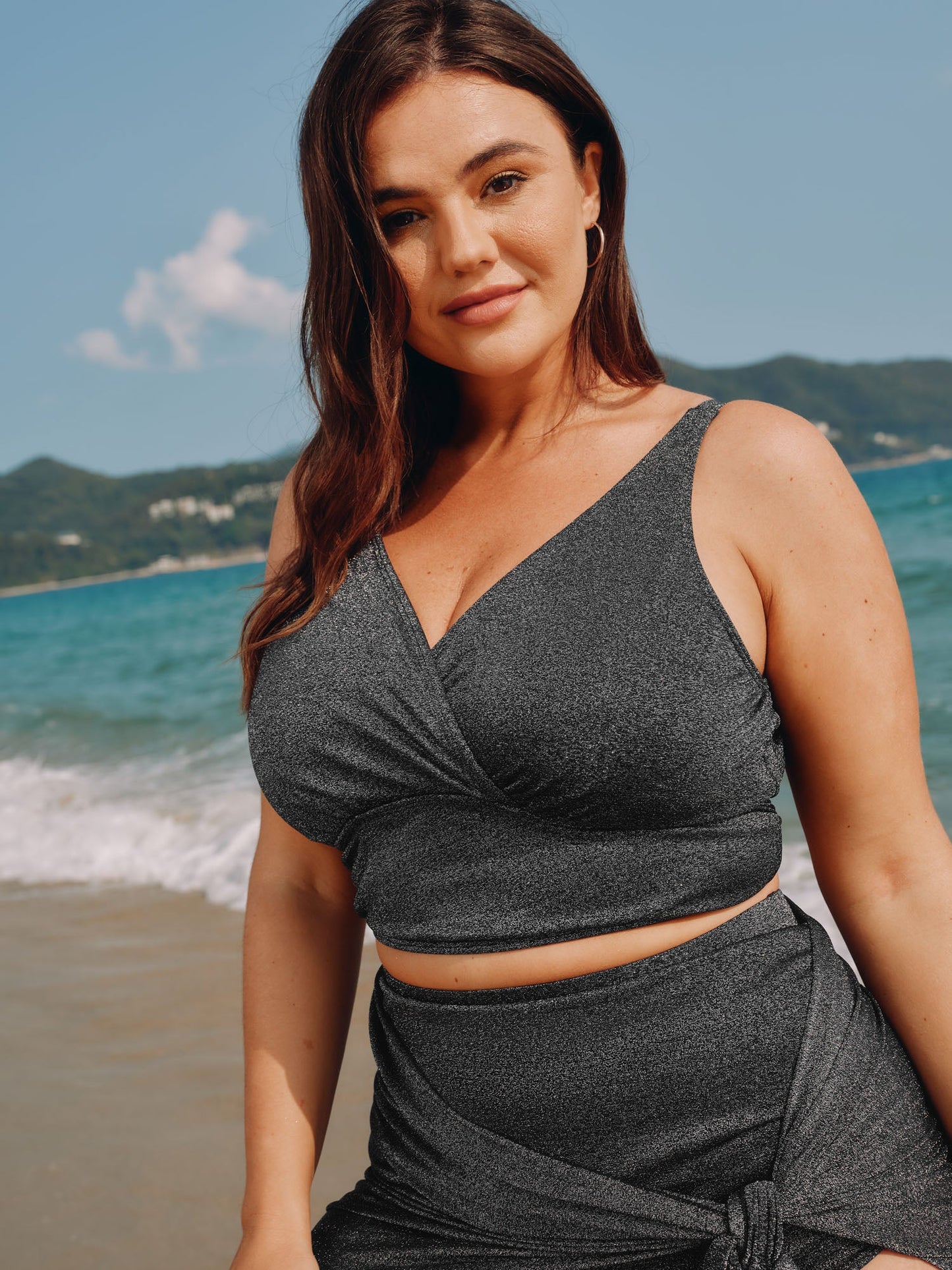 Textured Adjustable Surplice Neck Swim Top