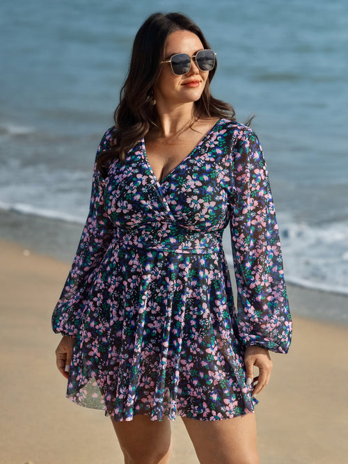 Floral Print Long Sleeve Layered Swim Dress