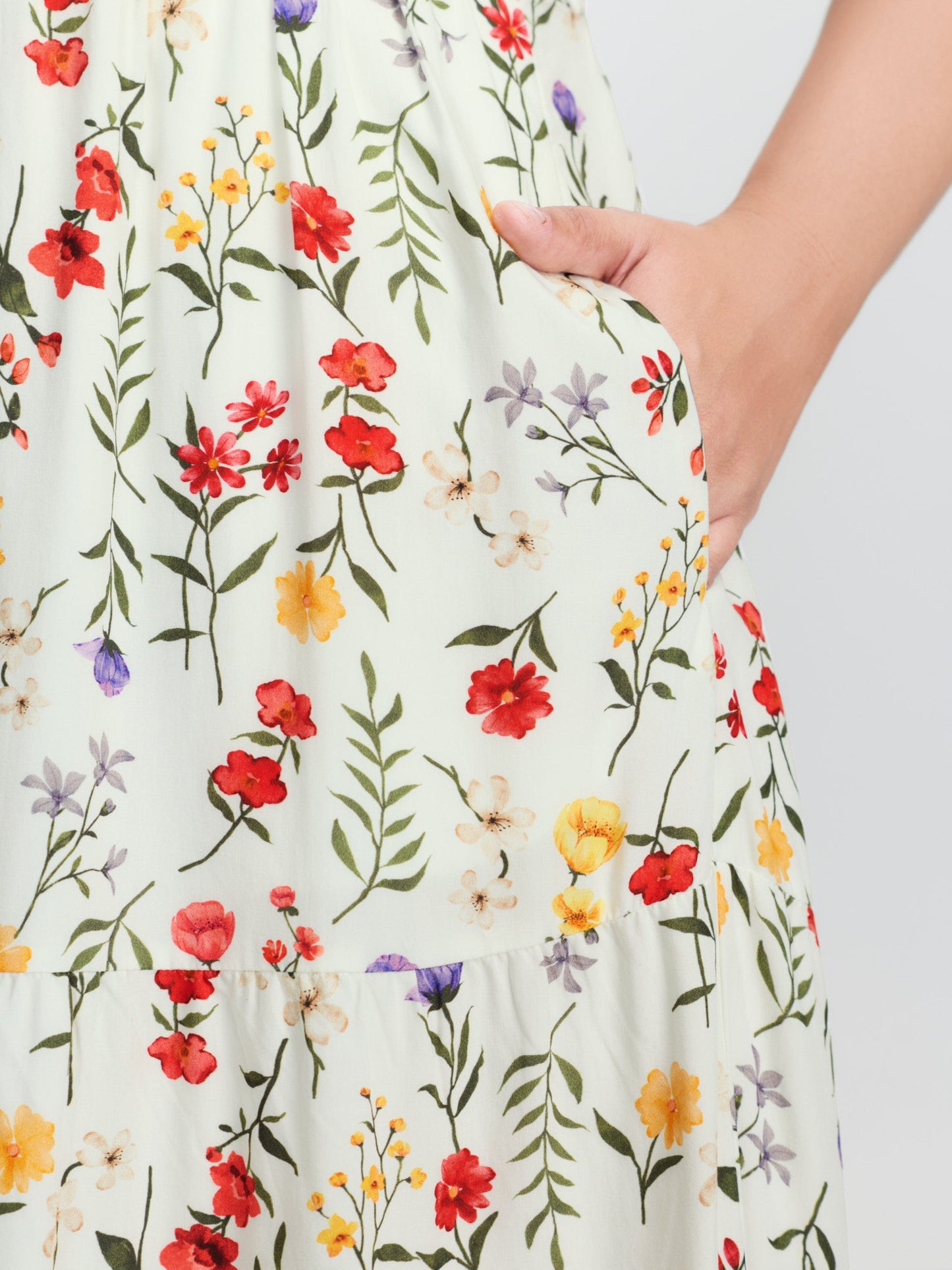 Floral Print Lace Trim Cinched Waist Midi Dress