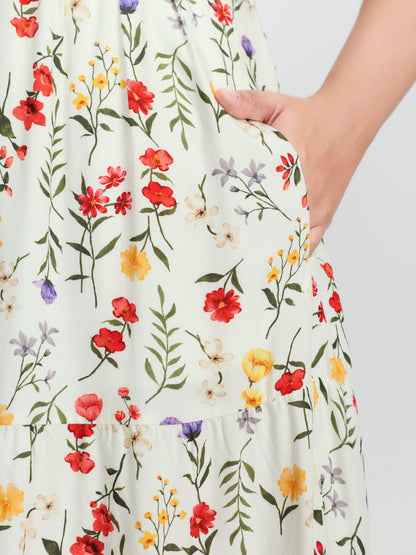 Floral Print Lace Trim Cinched Waist Midi Dress