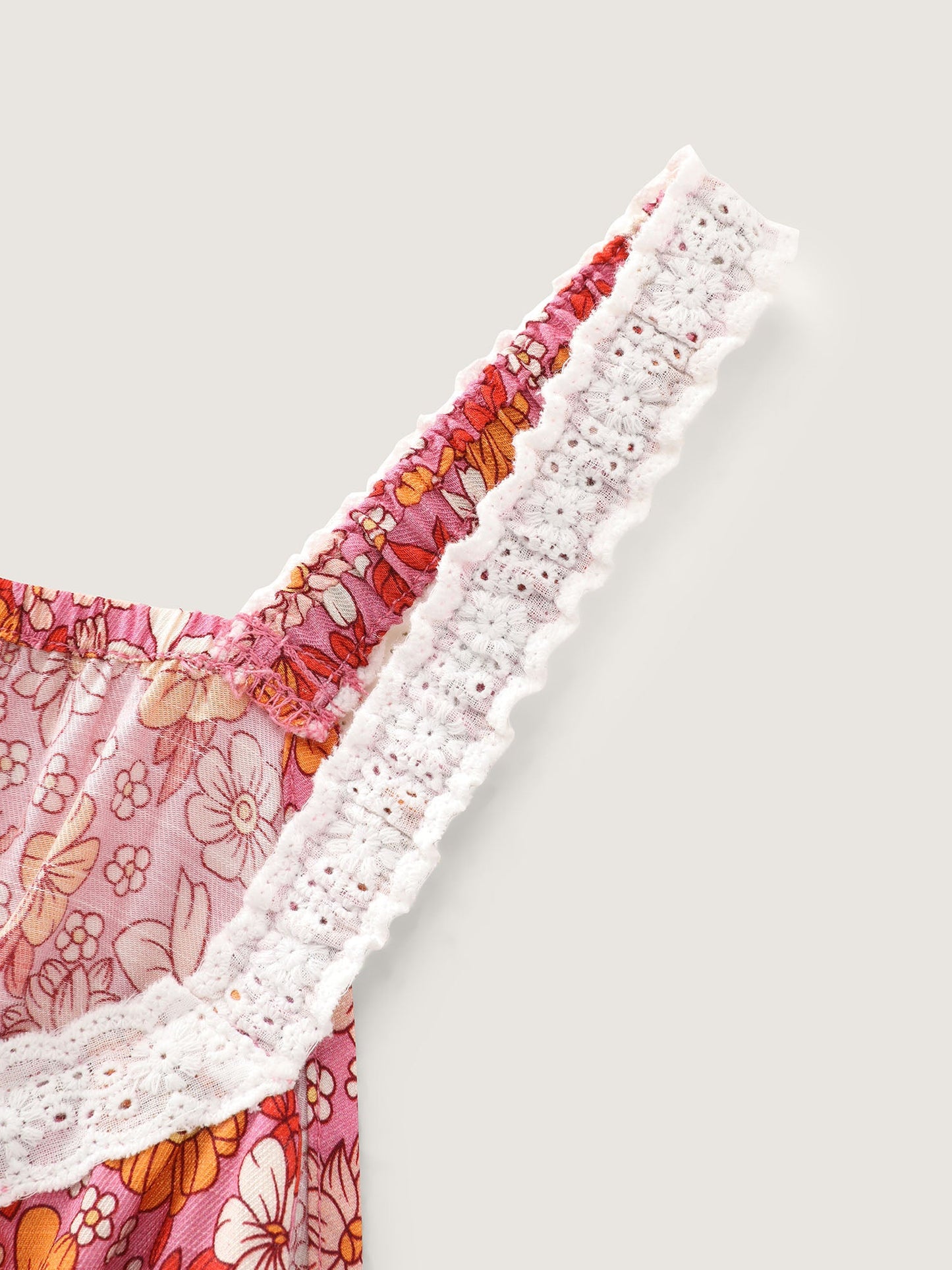 Bright Floral Print Lace Neckline Midi Dress