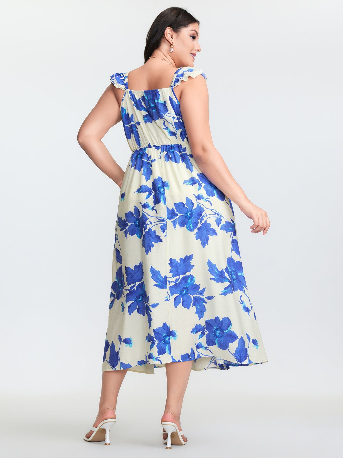Floral Print Flutter Sleeve Cinched-Waist Midi Dress