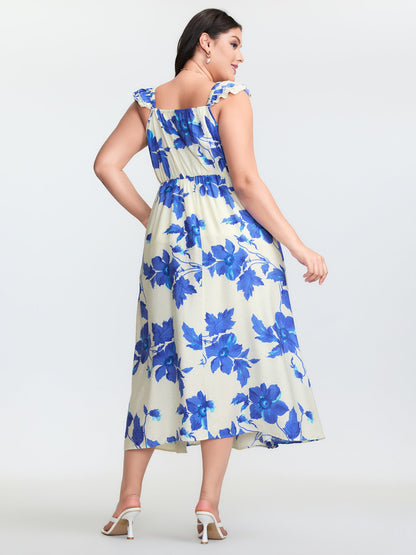 Floral Print Flutter Sleeve Cinched-Waist Midi Dress
