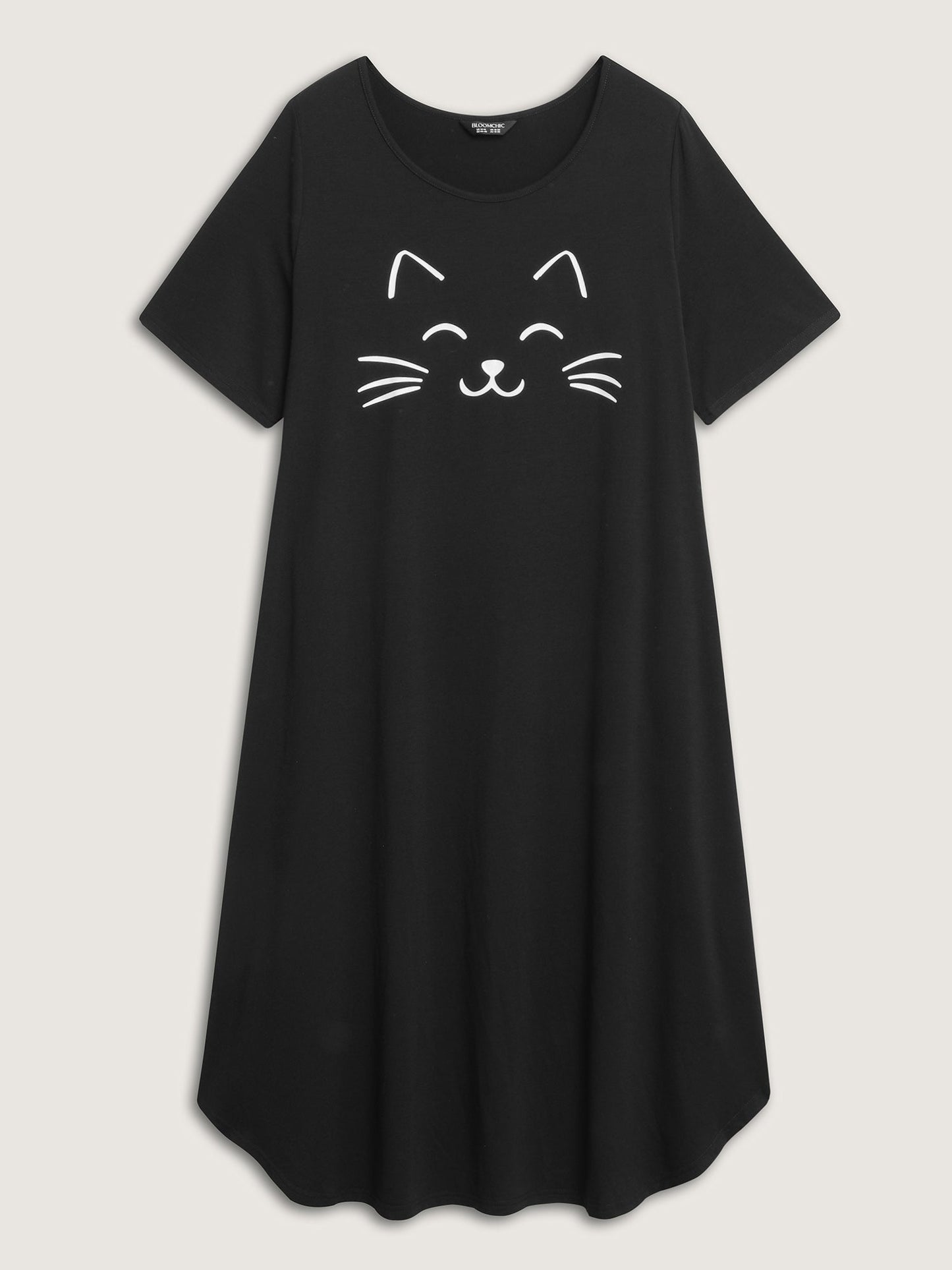 Happy Cat Print Stretchy Contrast Nightgown