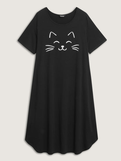 Happy Cat Print Stretchy Contrast Nightgown