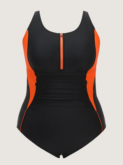 Color Contrast Glide Lock Zipper One-Piece Swimsuit