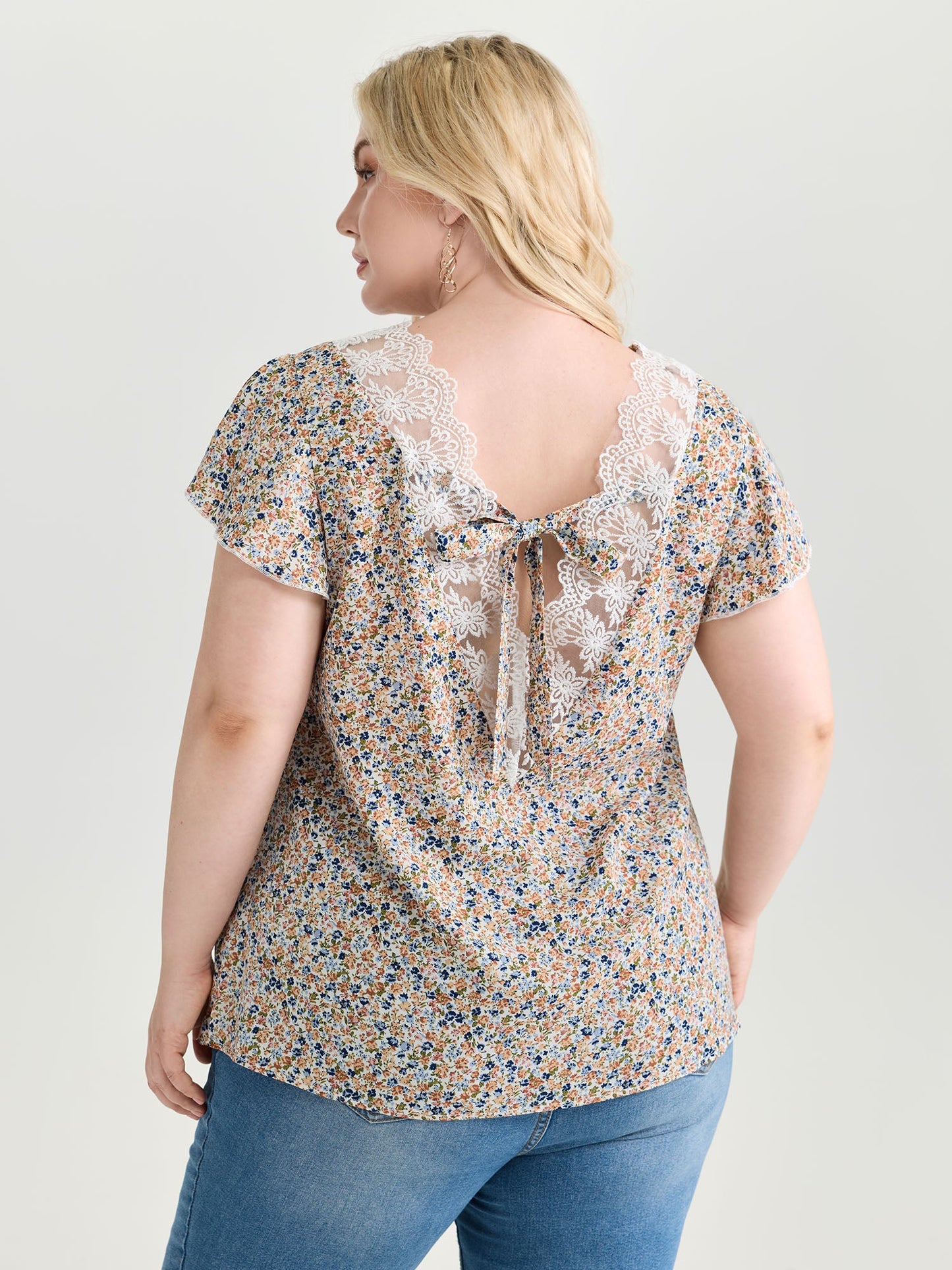 Micro Floral Print Open Back Tie Blouse