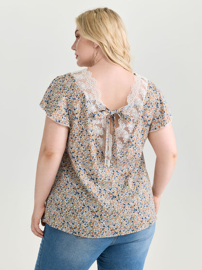Micro Floral Print Open Back Tie Blouse