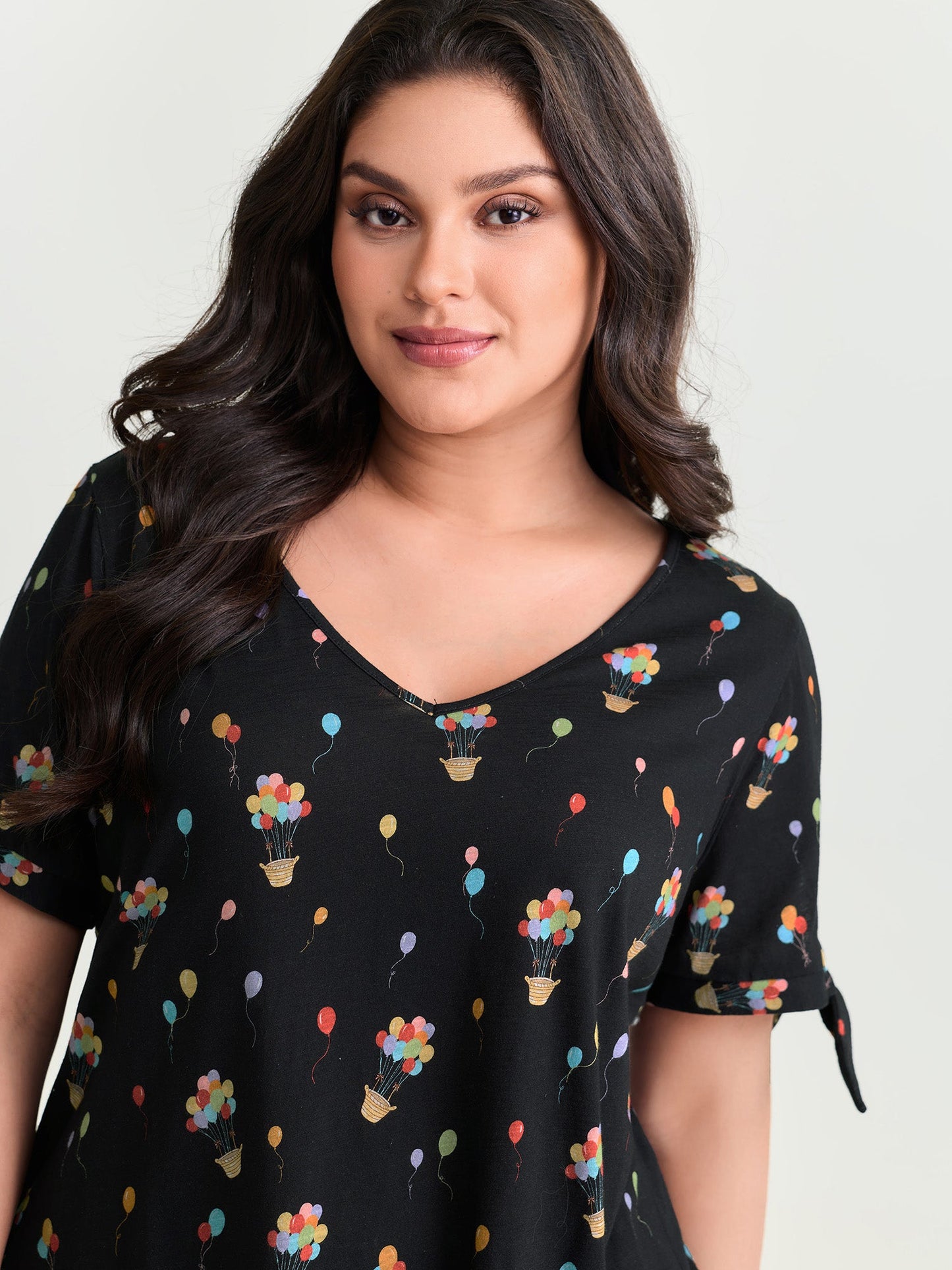 Cotton Multi-Color Balloons Print Sleeve-Tie T-Shirt
