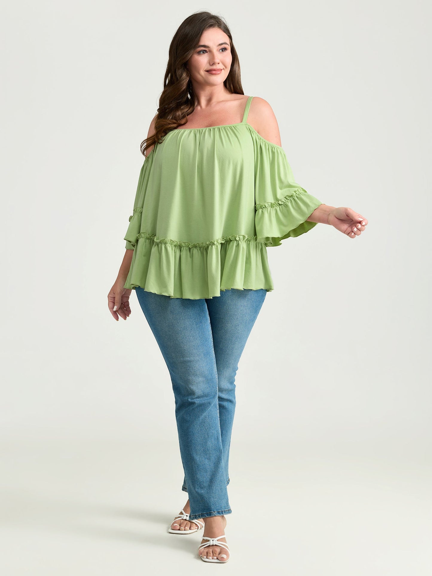 Ruffled Cut-Out Shoulder Flared Sleeve Top