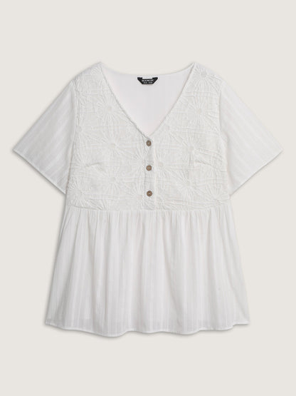 Cotton Stretchy Button Detail V-Neck Knit Top