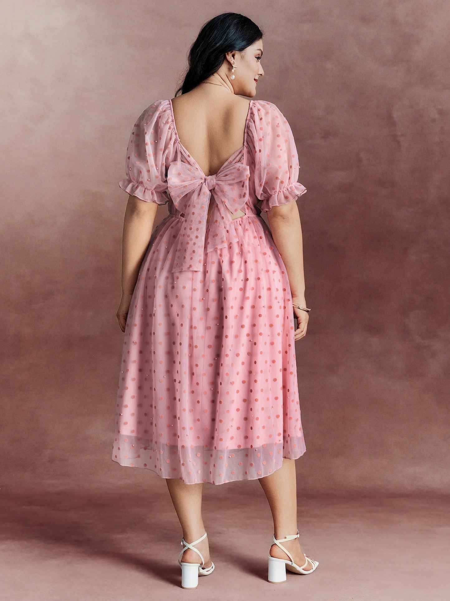 Sheer Romantic Flocking Back-Tie Midi Dress
