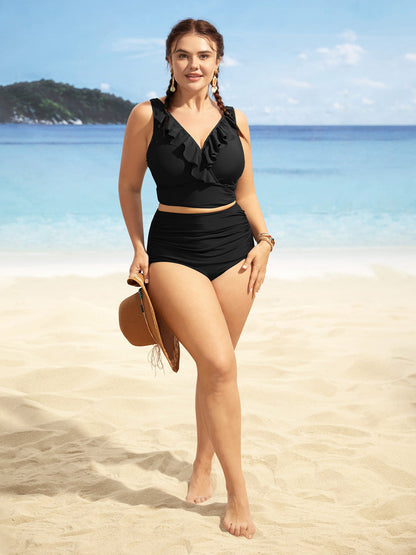 Solid Ruffle Surplice Neck Trim Swim Top