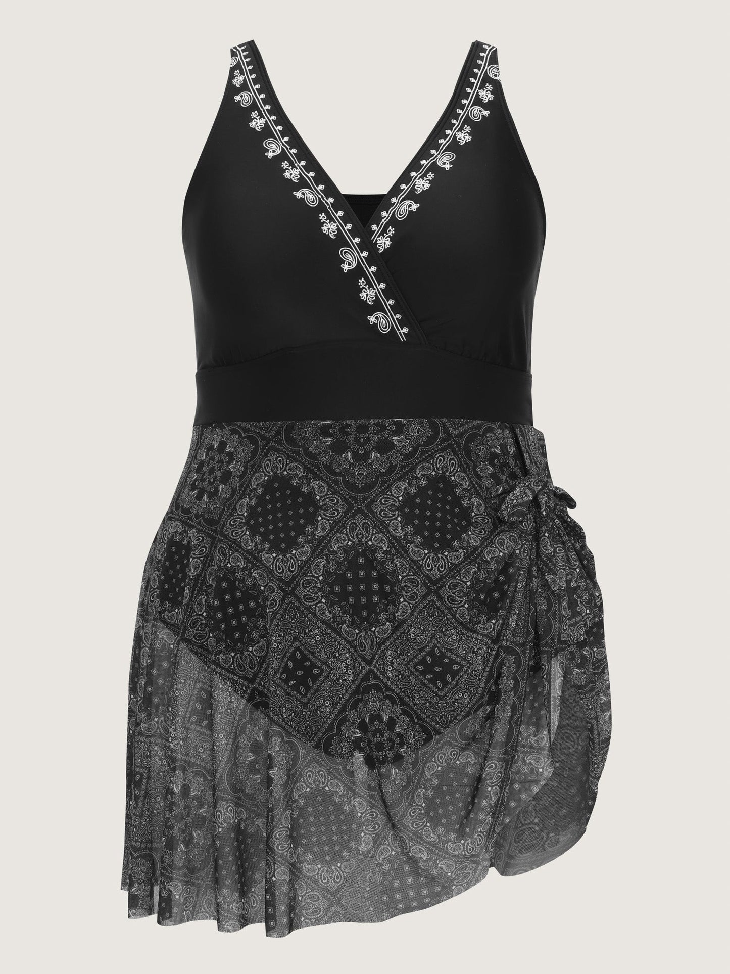 Geometric Print Embroidered Neckline Swim Dress