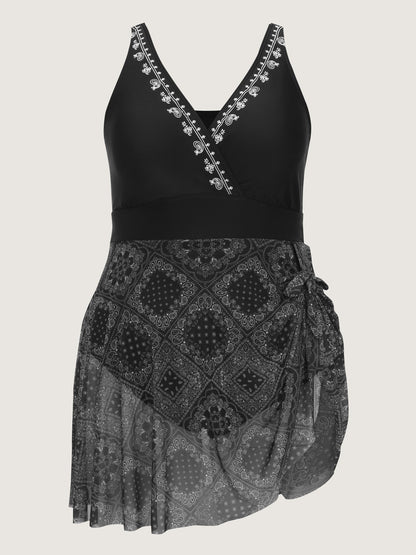 Geometric Print Embroidered Neckline Swim Dress