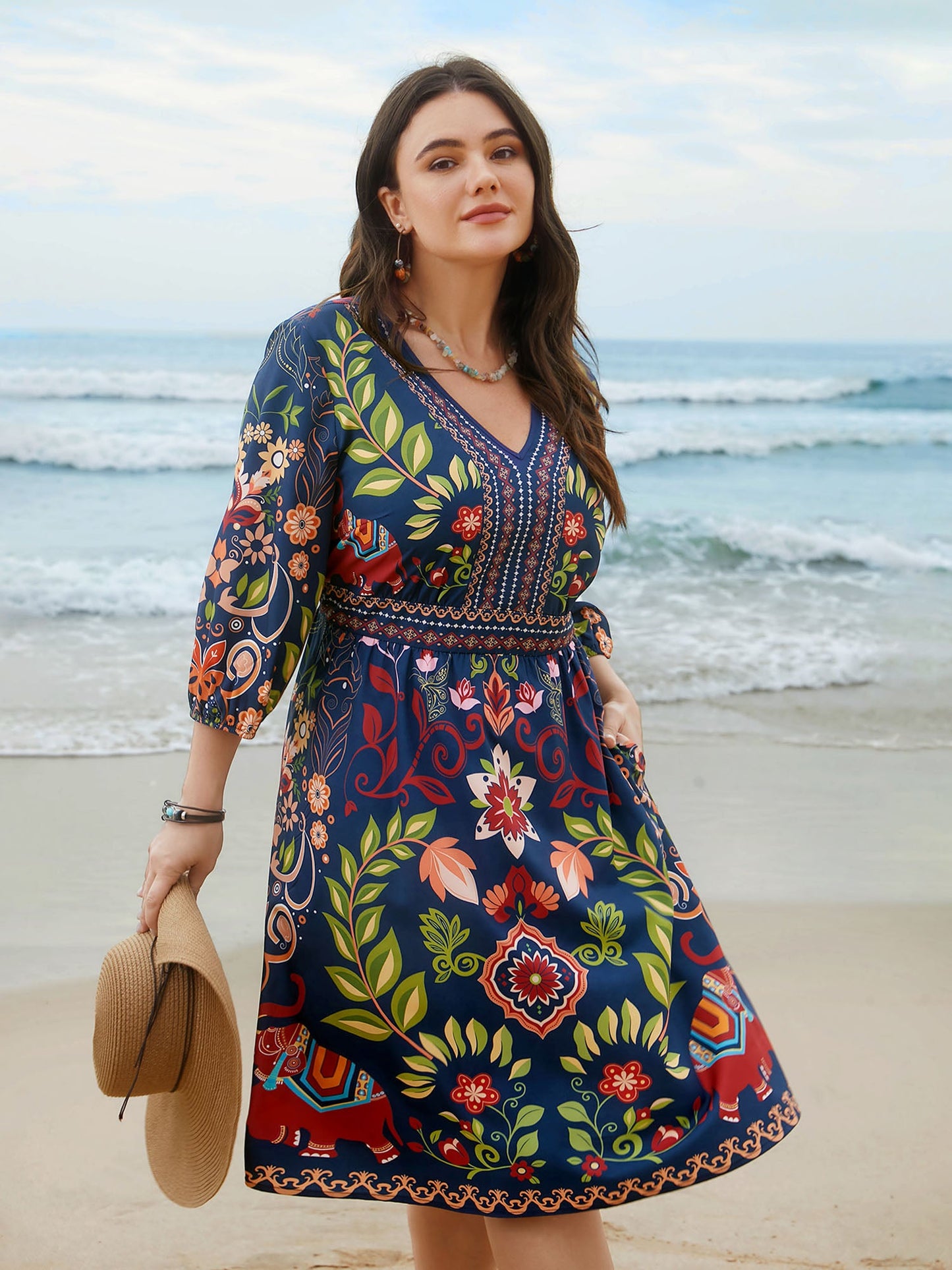 Boho Print V-Neck Pockets Mini Dress