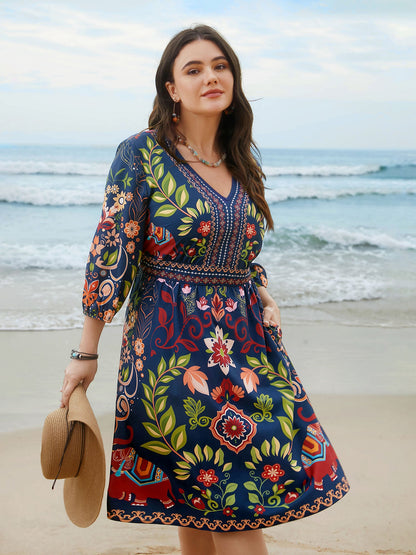 Boho Print V-Neck Pockets Mini Dress